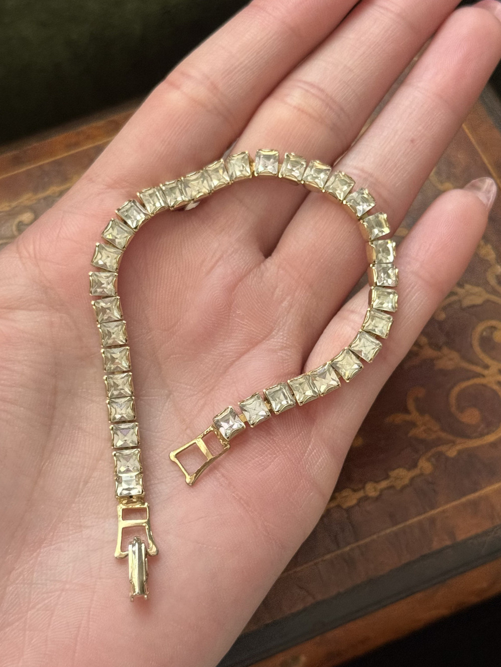 Vintage Rhinestone tennis bracelet Gold tone